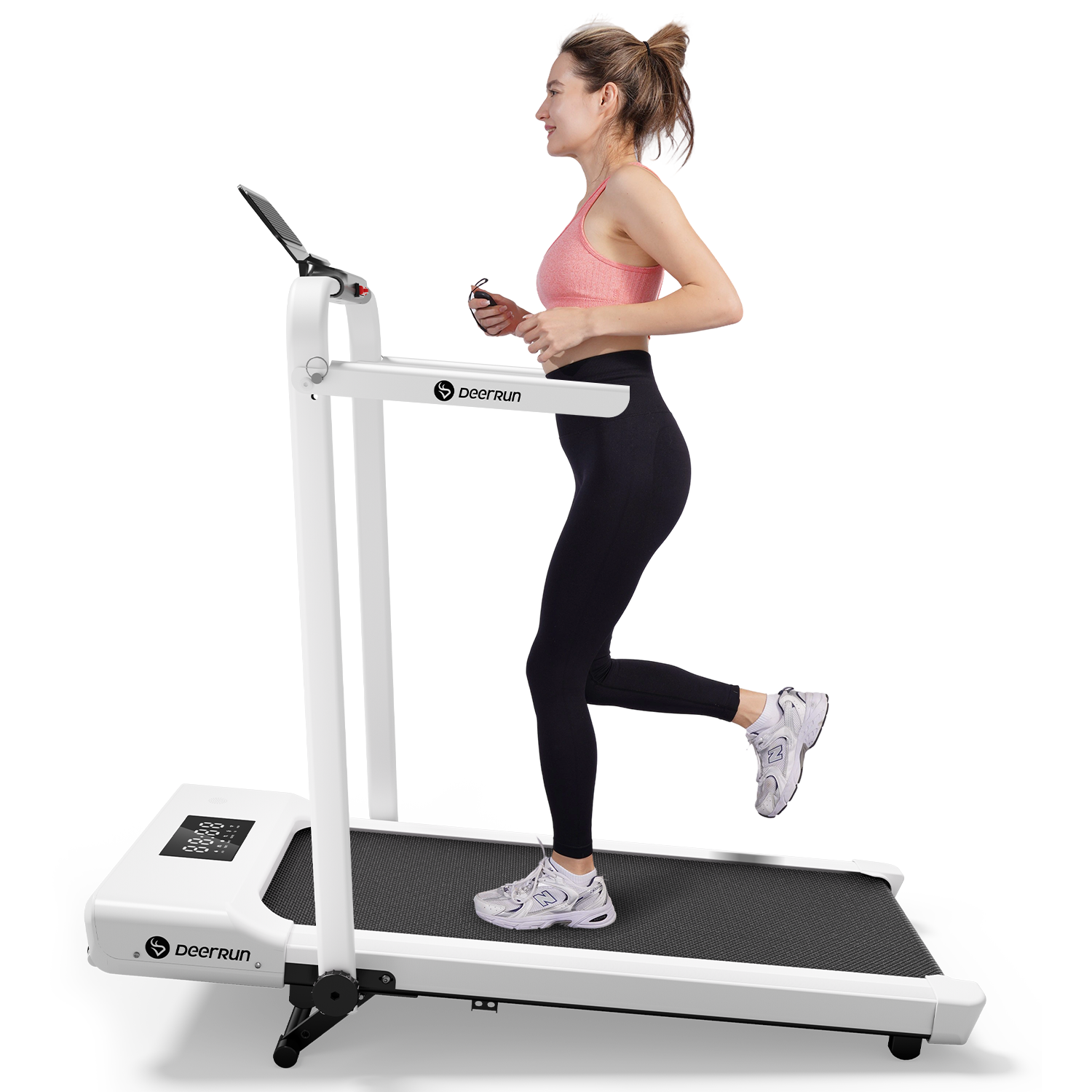 DeerRun A5 Mini 5.4% Incline Smart 2 in 1 Folding Treadmill with Handrail, 300 Lbs, 0.6-7.5 MPH White