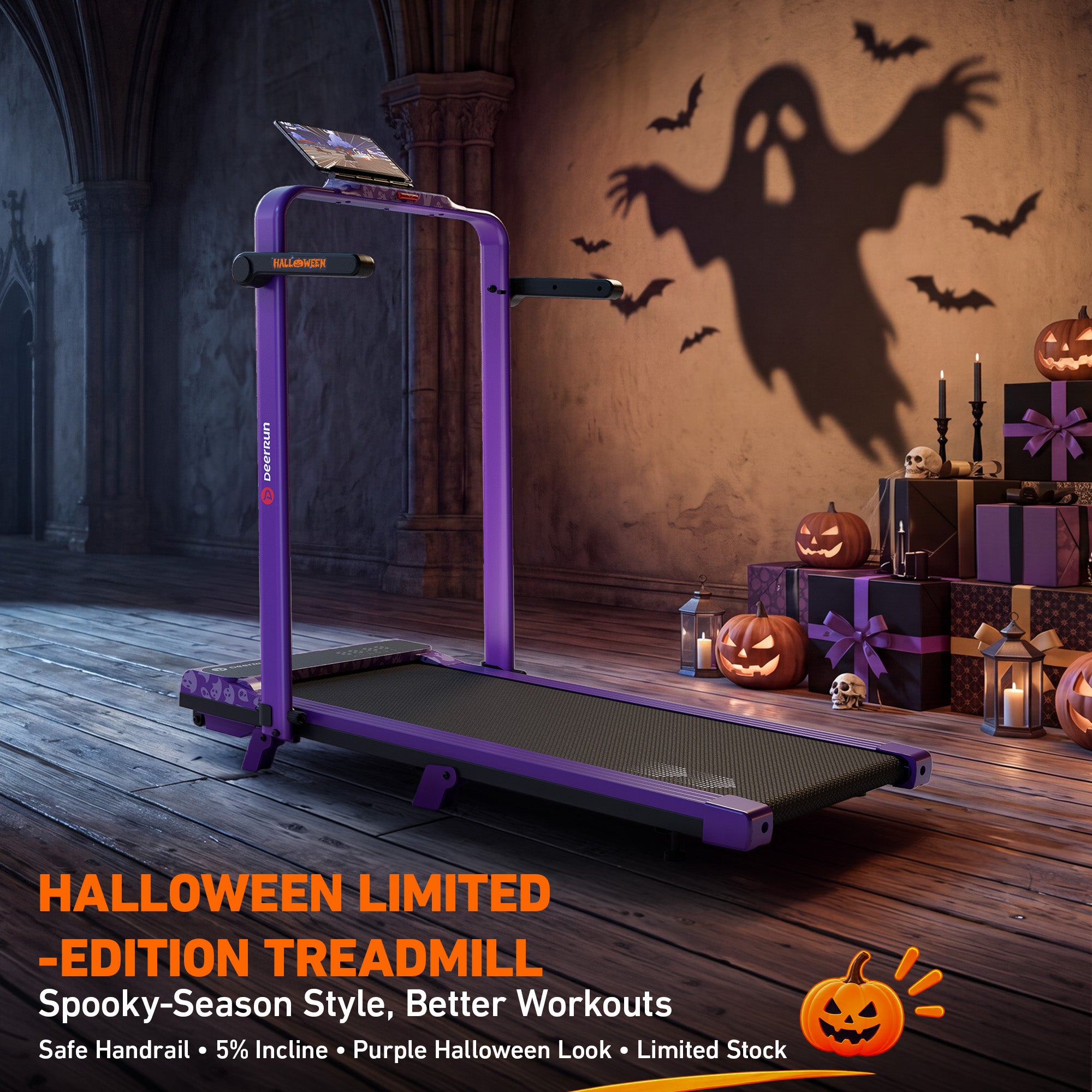 DeerRun Halloween Gift Edition 2-in-1 Foldable Treadmill for Home, Run & Save Space - With 6% Incline, Handlebar & Full Display Screen