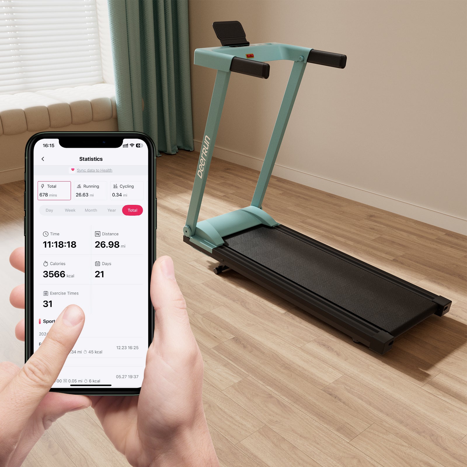 DeerRun A1 Pro Move+  6% Incline Foldable Treadmill——Upgraded Chip & NFC Support | 350Lbs, 10mph Mint Green