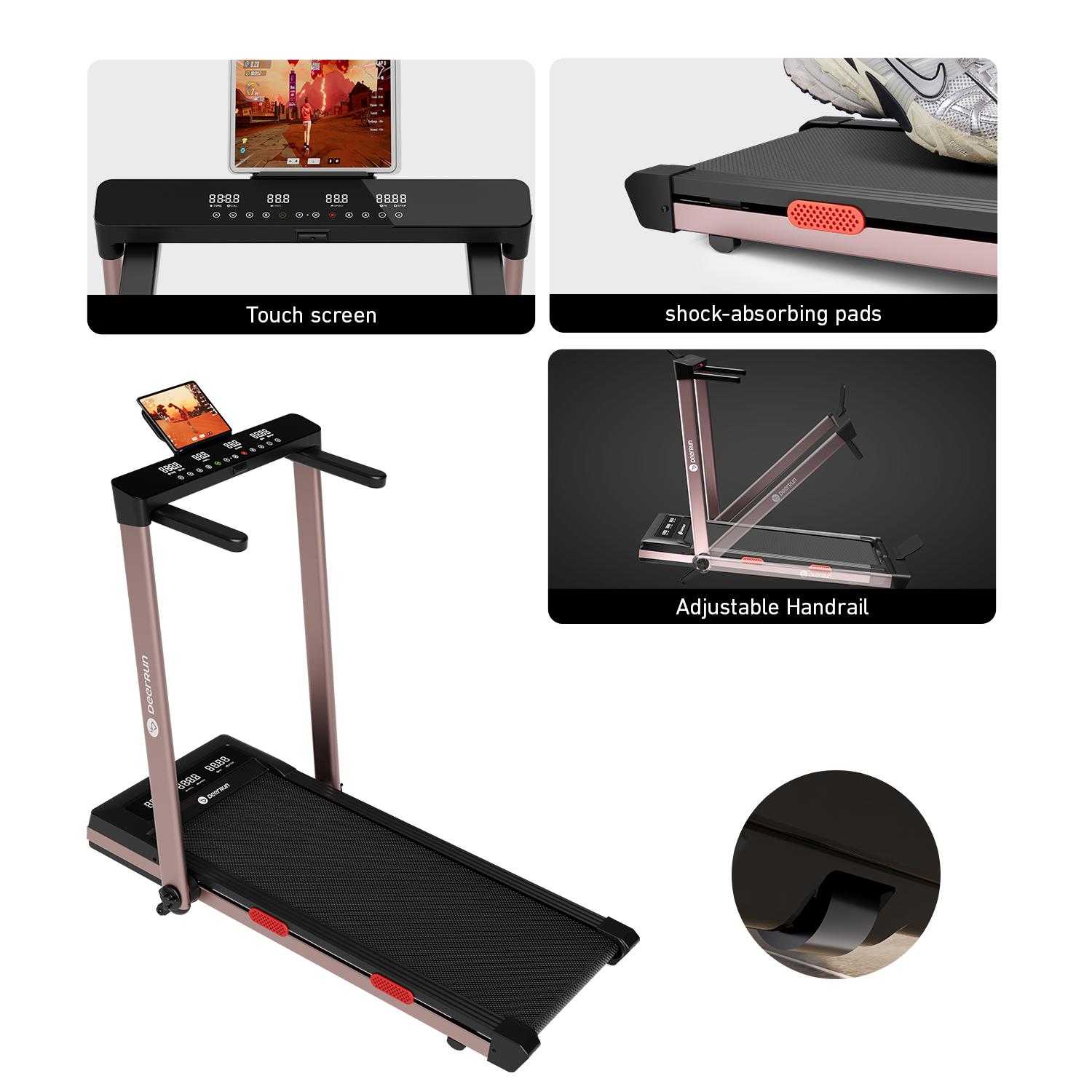 DeerRun Z10 Pro Muse Type 2 in 1 Foldable Treadmill with Remote Control, 12% Auto Incline, Rose Gold