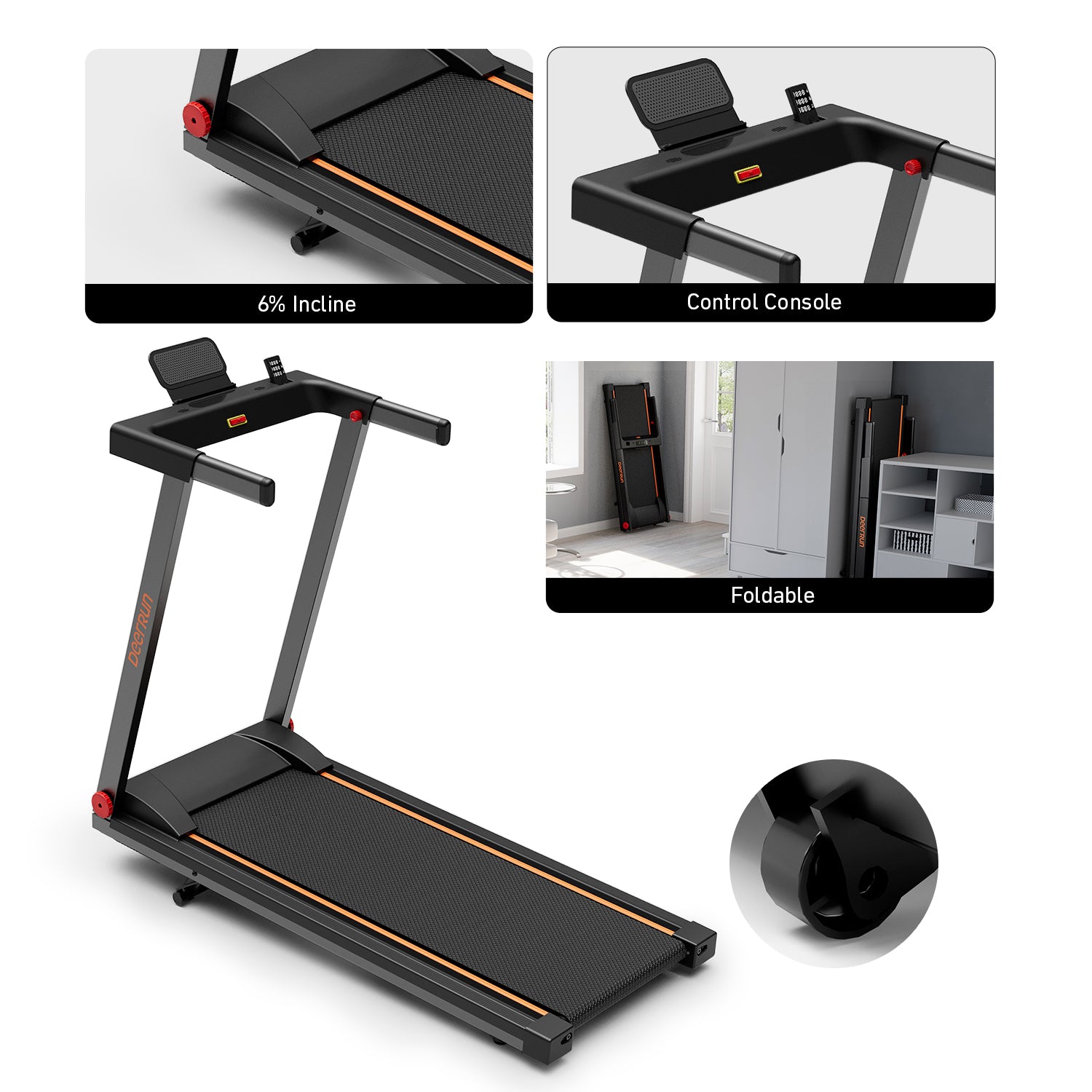 DeerRun A1 Pro Ultra Folding Smart 6% Incline Treadmill With Tabletop Orange - 3.5 HP, 350 lbs