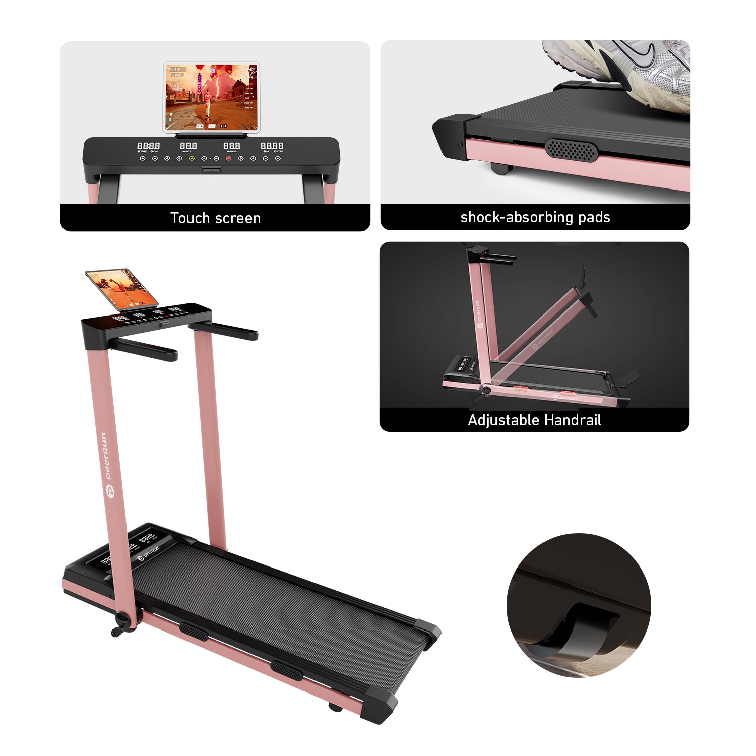 DeerRun Z10 Pro Muse Type 2 in 1 Foldable Treadmill with Remote Control, 12% Auto Incline, Pink