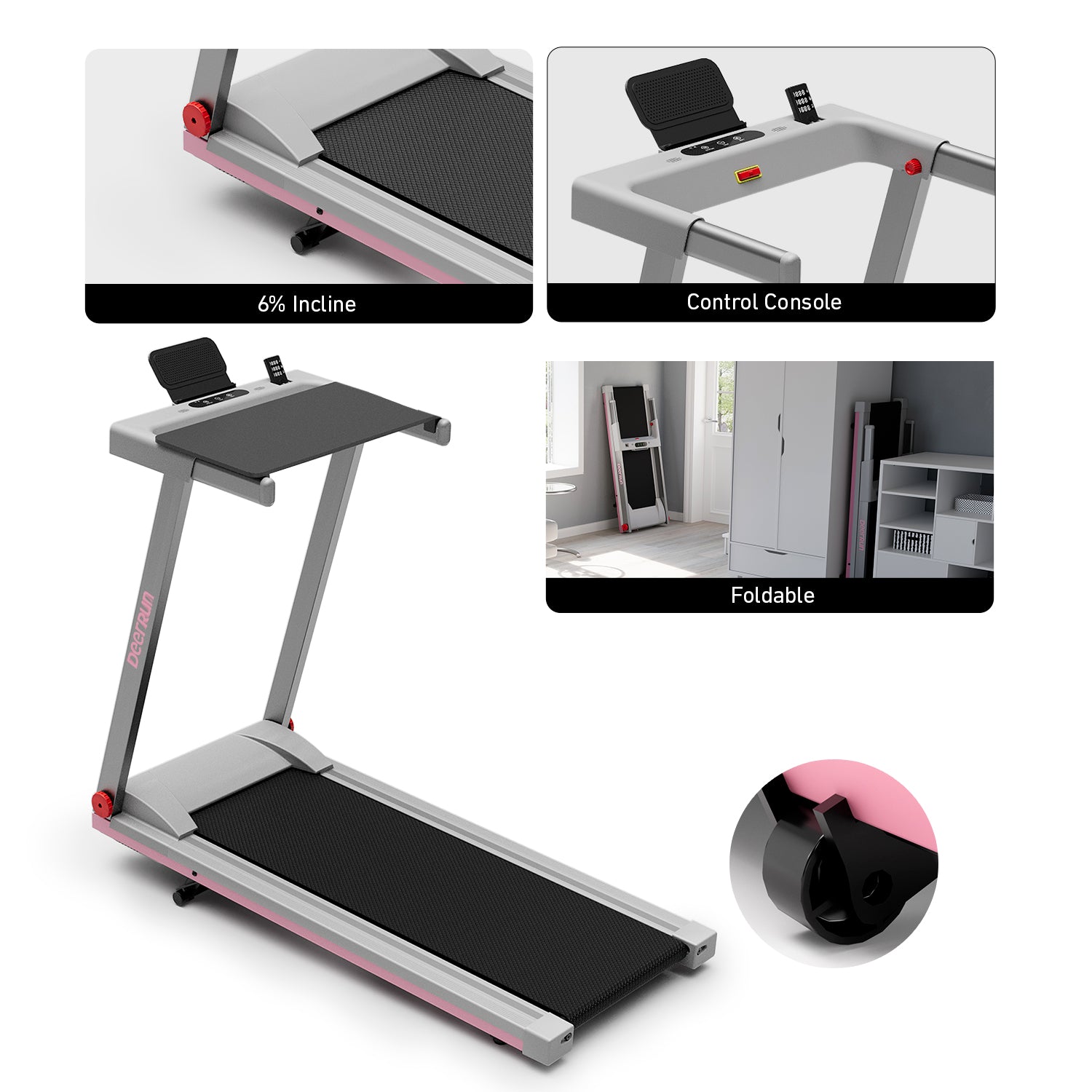 DeerRun A1 Pro Ultra Folding Smart 6% Incline Treadmill With Tabletop - Pink