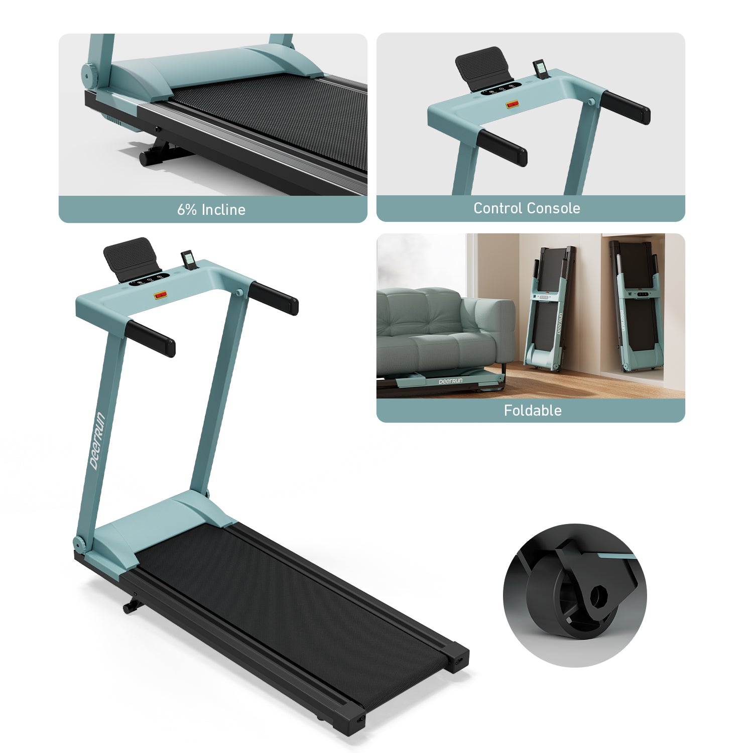 DeerRun A1 Pro Move+  6% Incline Foldable Treadmill——Upgraded Chip & NFC Support | 350Lbs, 10mph Mint Green