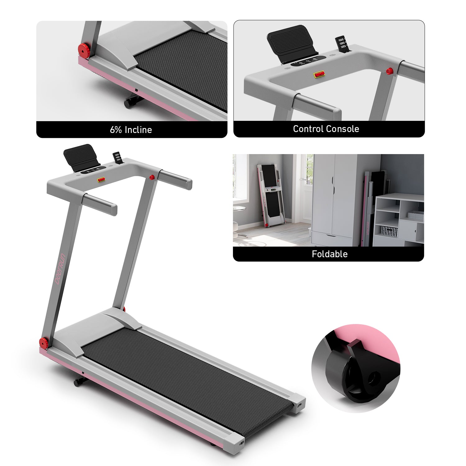 DeerRun A1 Pro Move+  6% Incline Foldable Treadmill——Upgraded Chip & NFC Support | 350Lbs, 10mph Pink Grey