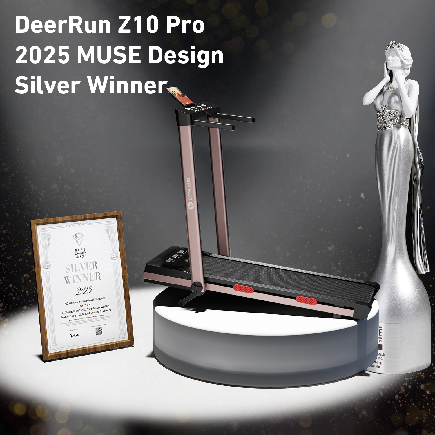 DeerRun Z10 Pro Muse Type 2 in 1 Foldable Treadmill with Remote Control, 12% Auto Incline, Rose Gold