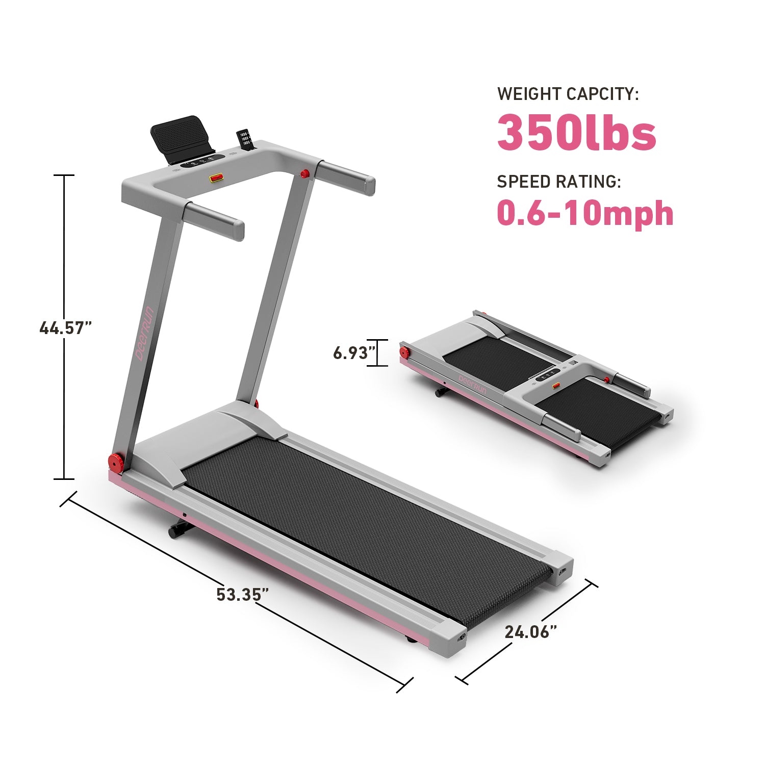 DeerRun A1 Pro Move+  6% Incline Foldable Treadmill——Upgraded Chip & NFC Support | 350Lbs, 10mph Pink Grey
