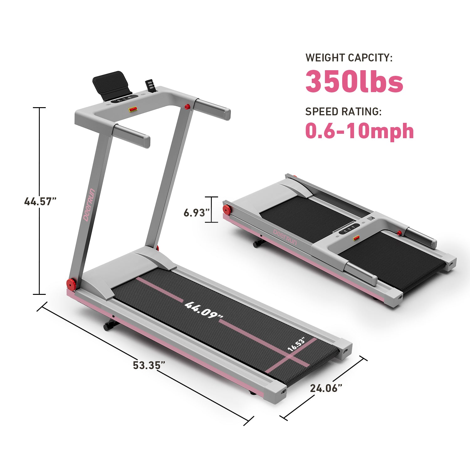 DeerRun A1 Pro Ultra Folding Smart 6% Incline Treadmill With Tabletop Pink - 3.5 HP, 350 lbs