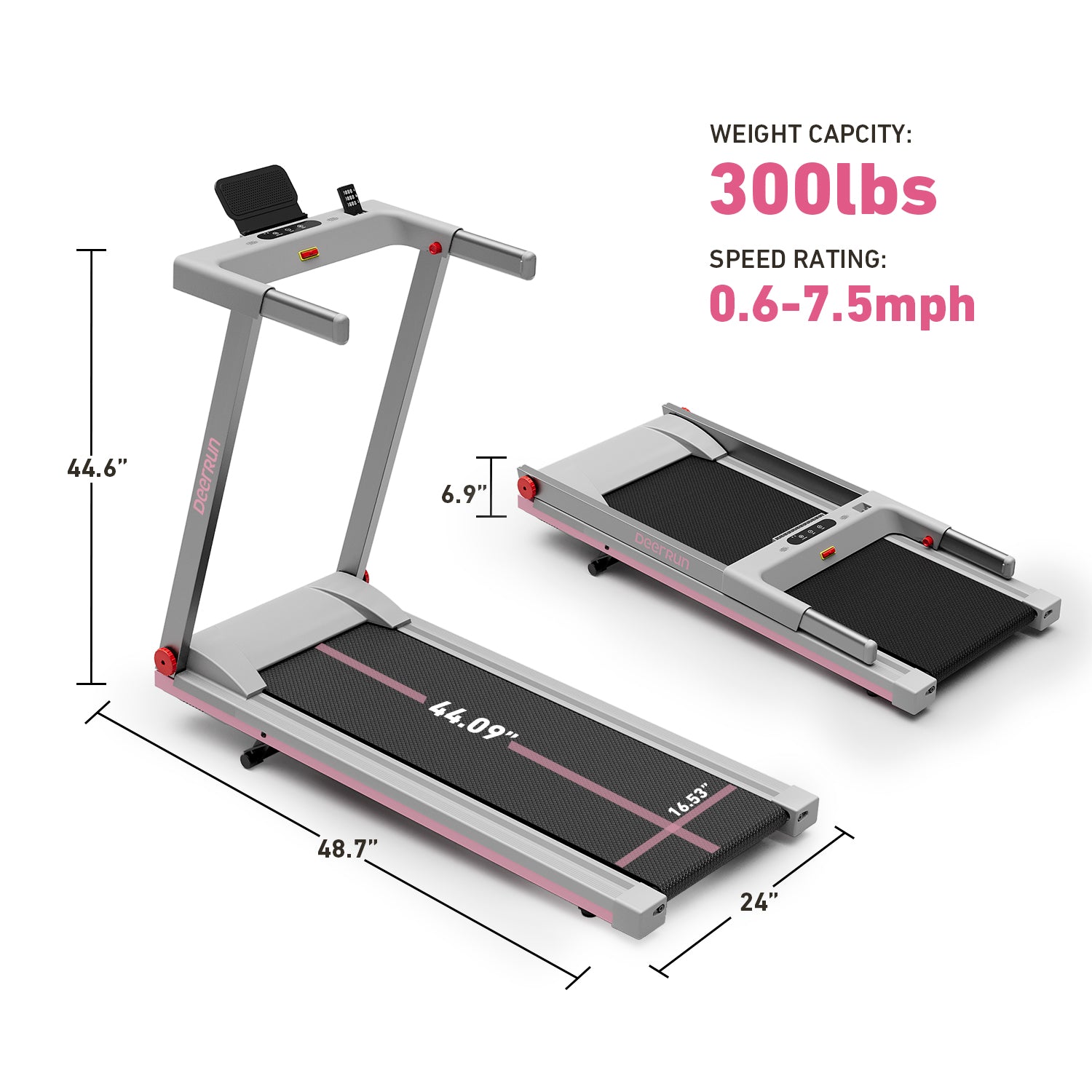 DeerRun A1 Folding Smart Treadmill with  6% Incline Pink Grey- Support Bluetooth & Remote Wireless Control