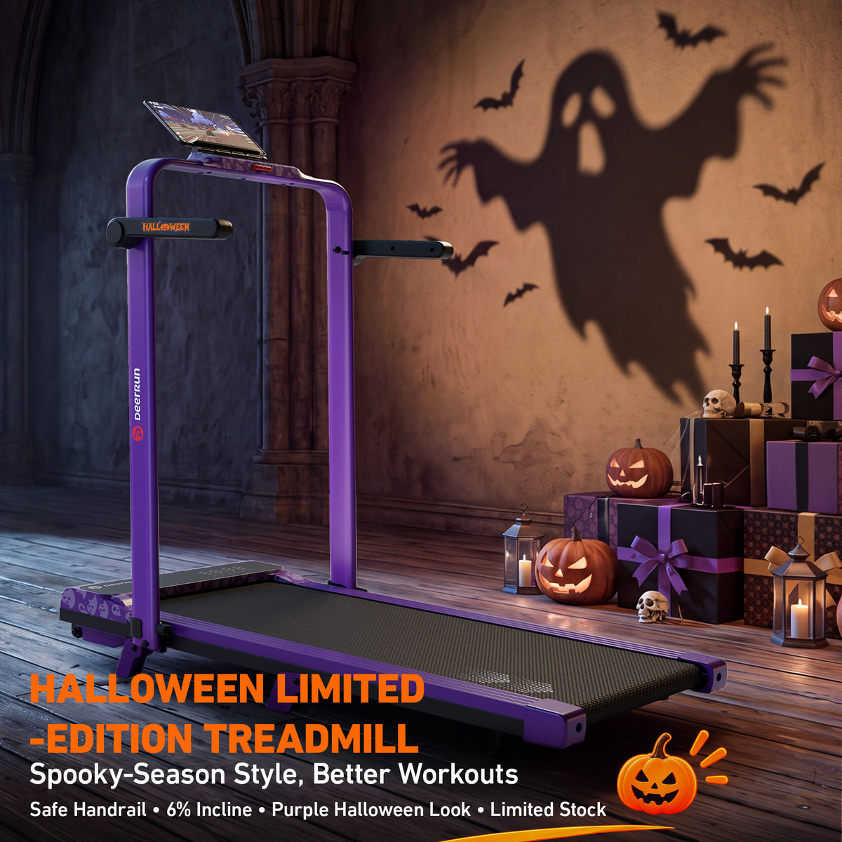 DeerRun Halloween Gift Edition 2-in-1 Foldable Treadmill for Home, Run & Save Space - With 6% Incline, Handlebar & Full Display Screen